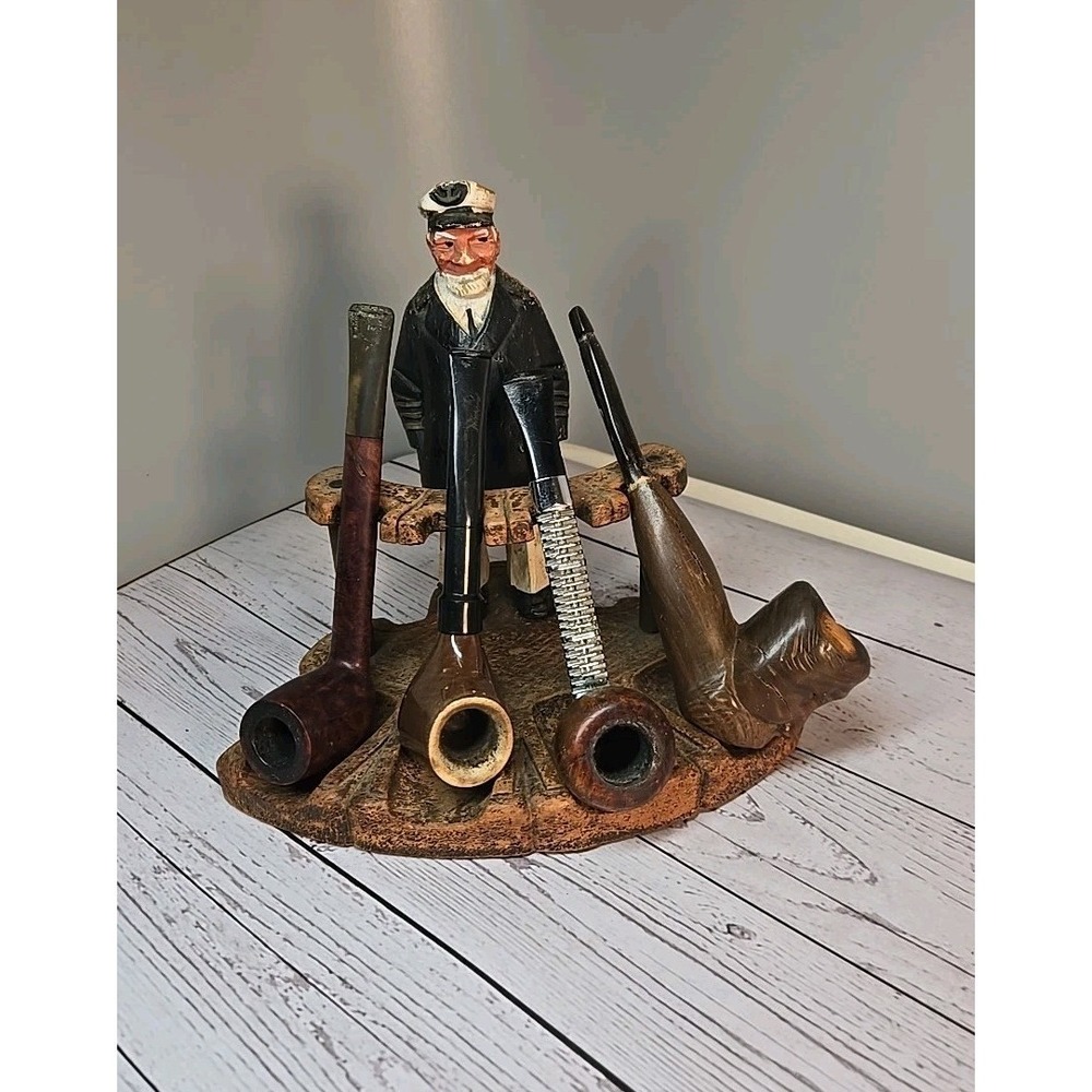 Vintage Hand-Painted Sea Captain Pipe Rest - Nautical Decor Syroco Wood